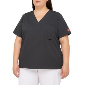 Dickies Plus Size 2XL Black Scrub Top V-Neck Bungee Pocket Utility Logo